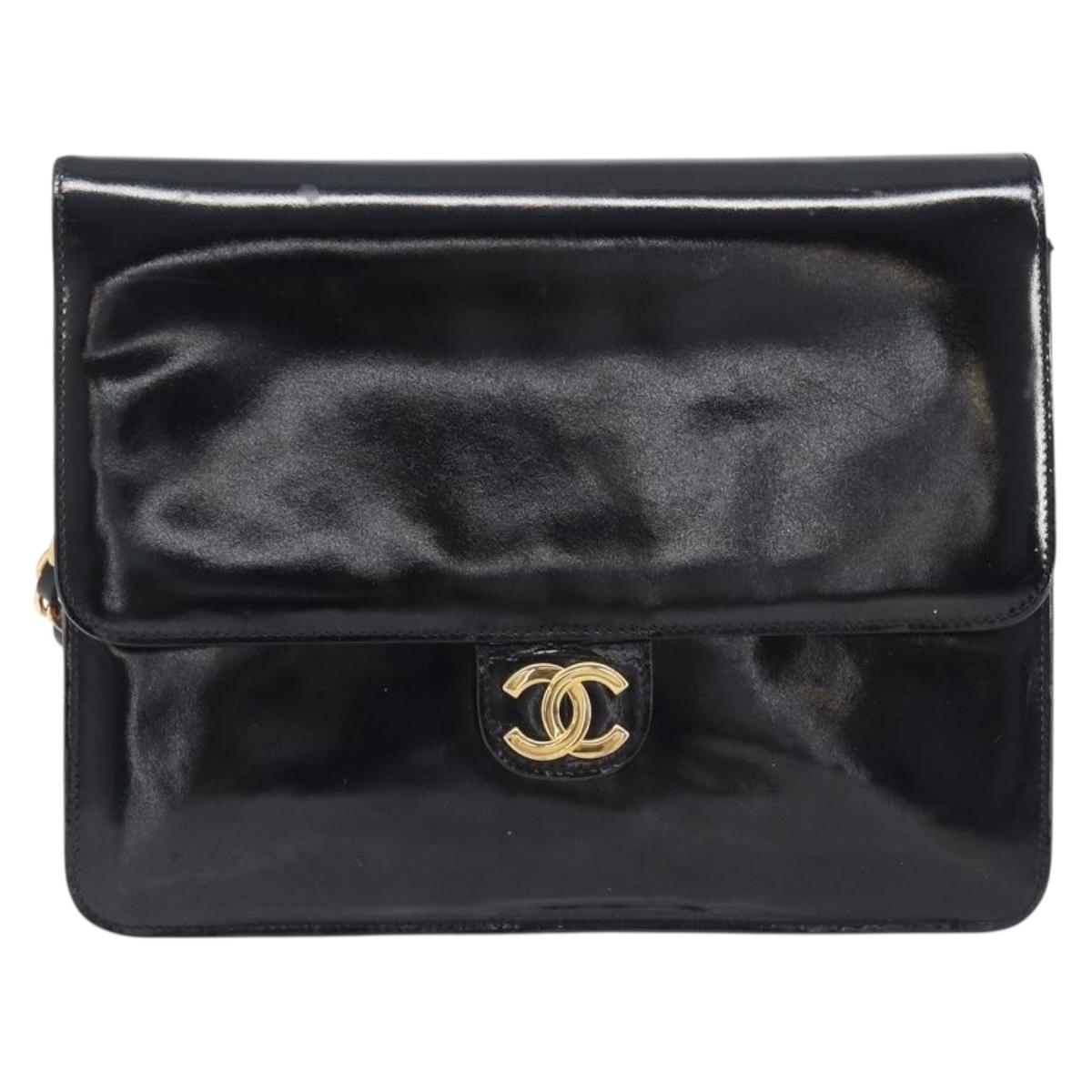 CHANEL Chain Shoulder Bag Patent leather Black Gold CC Auth fm5458