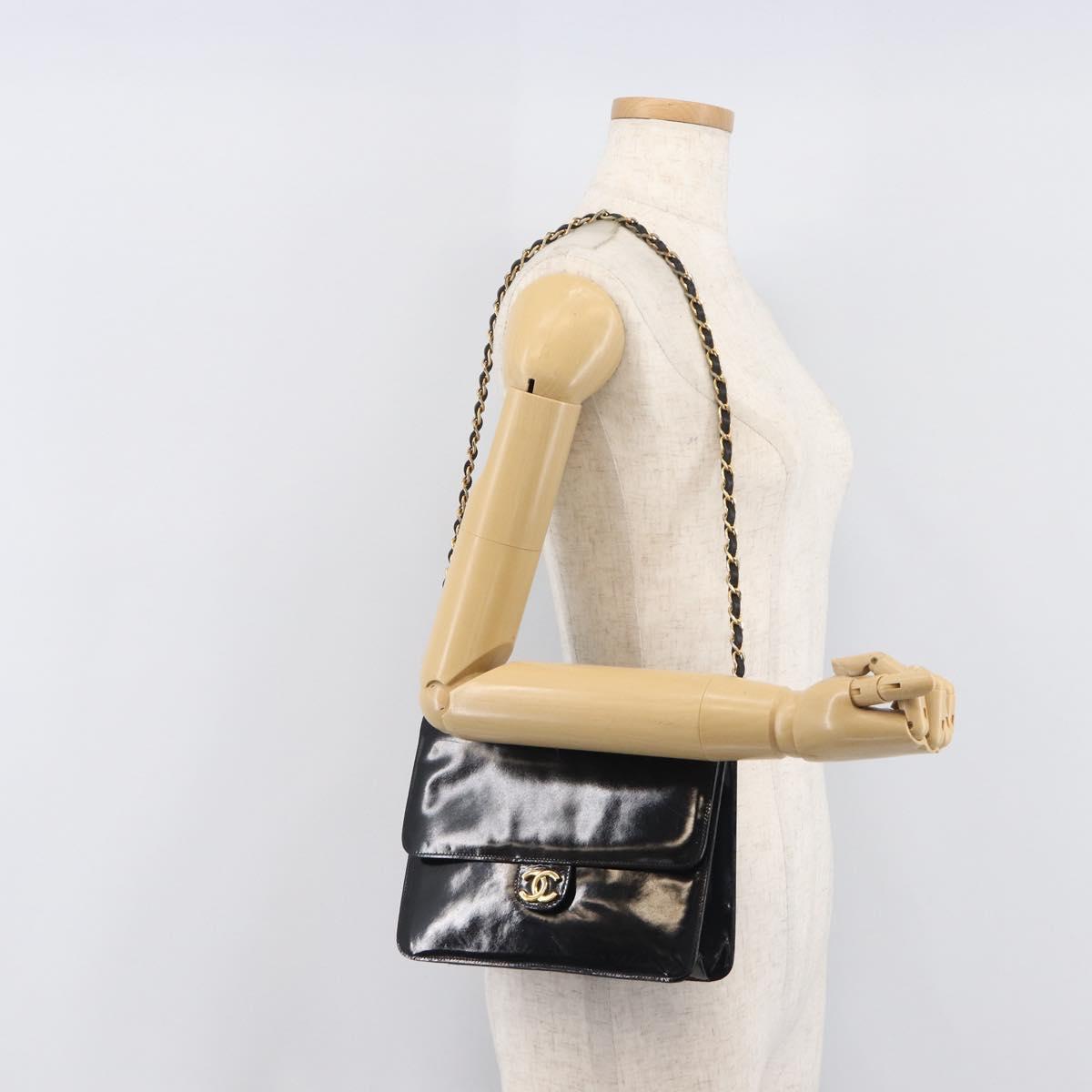 CHANEL Chain Shoulder Bag Patent leather Black Gold CC Auth fm5458