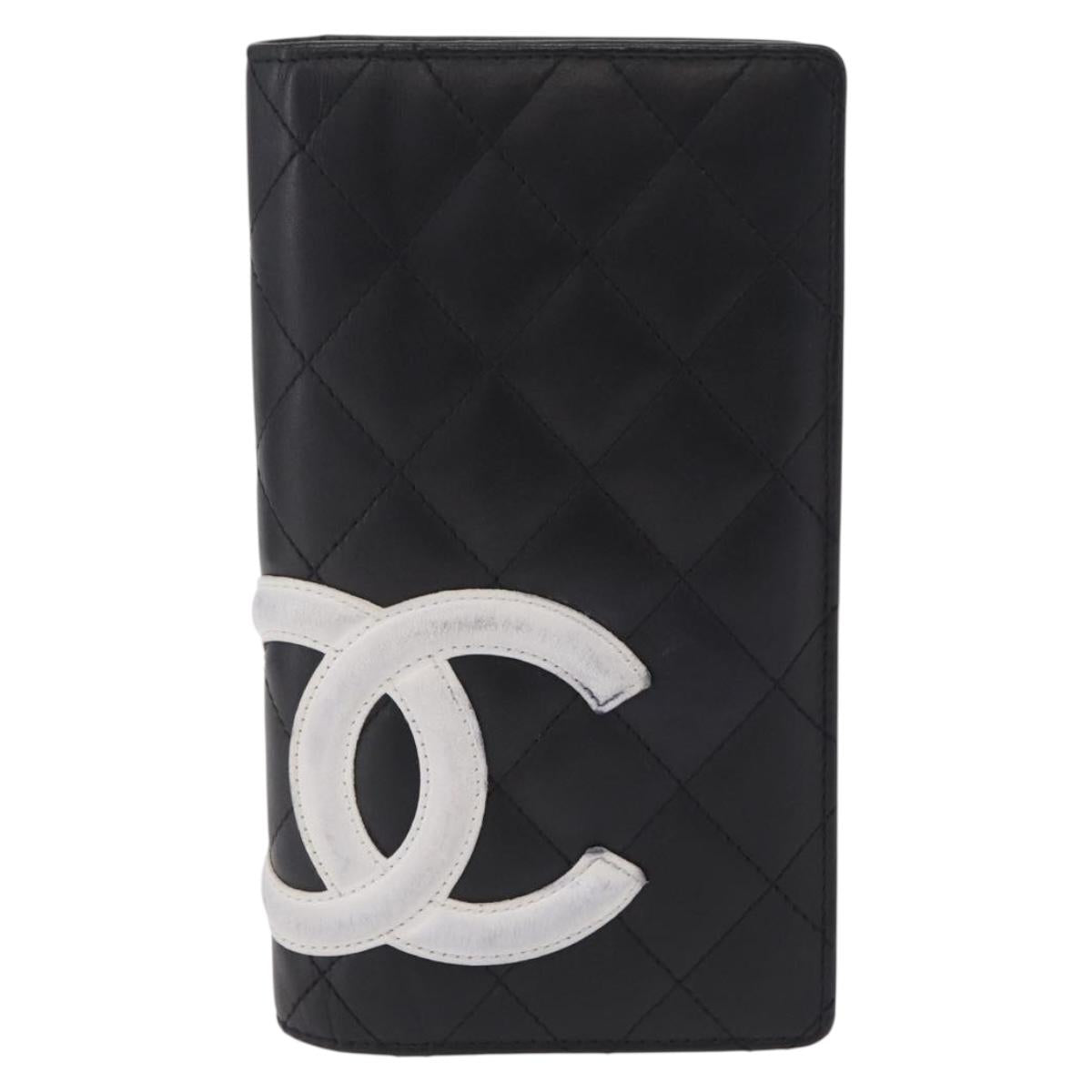 CHANEL Cambon Line Long Wallet Lamb Skin Black CC Auth fm5490