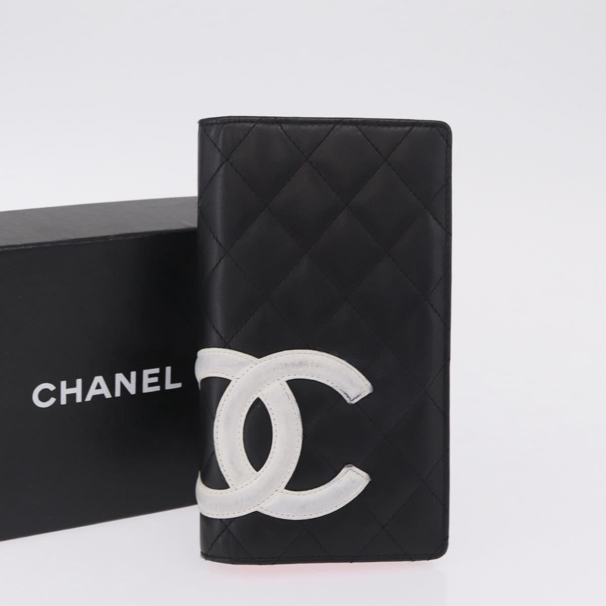 CHANEL Cambon Line Long Wallet Lamb Skin Black CC Auth fm5490