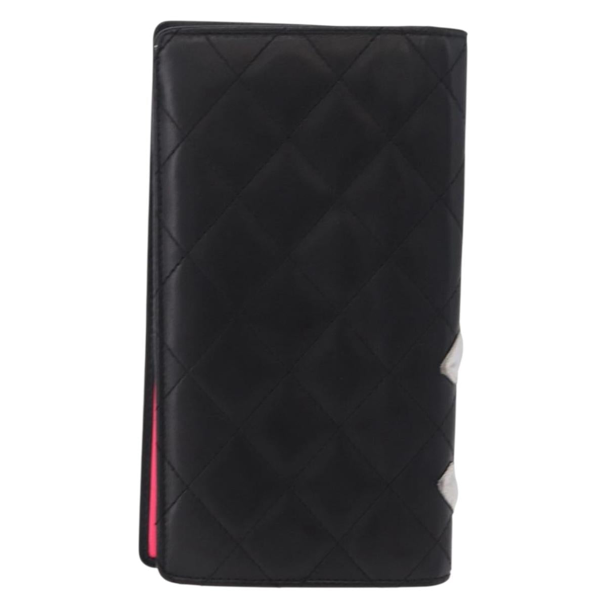 CHANEL Cambon Line Long Wallet Lamb Skin Black CC Auth fm5490