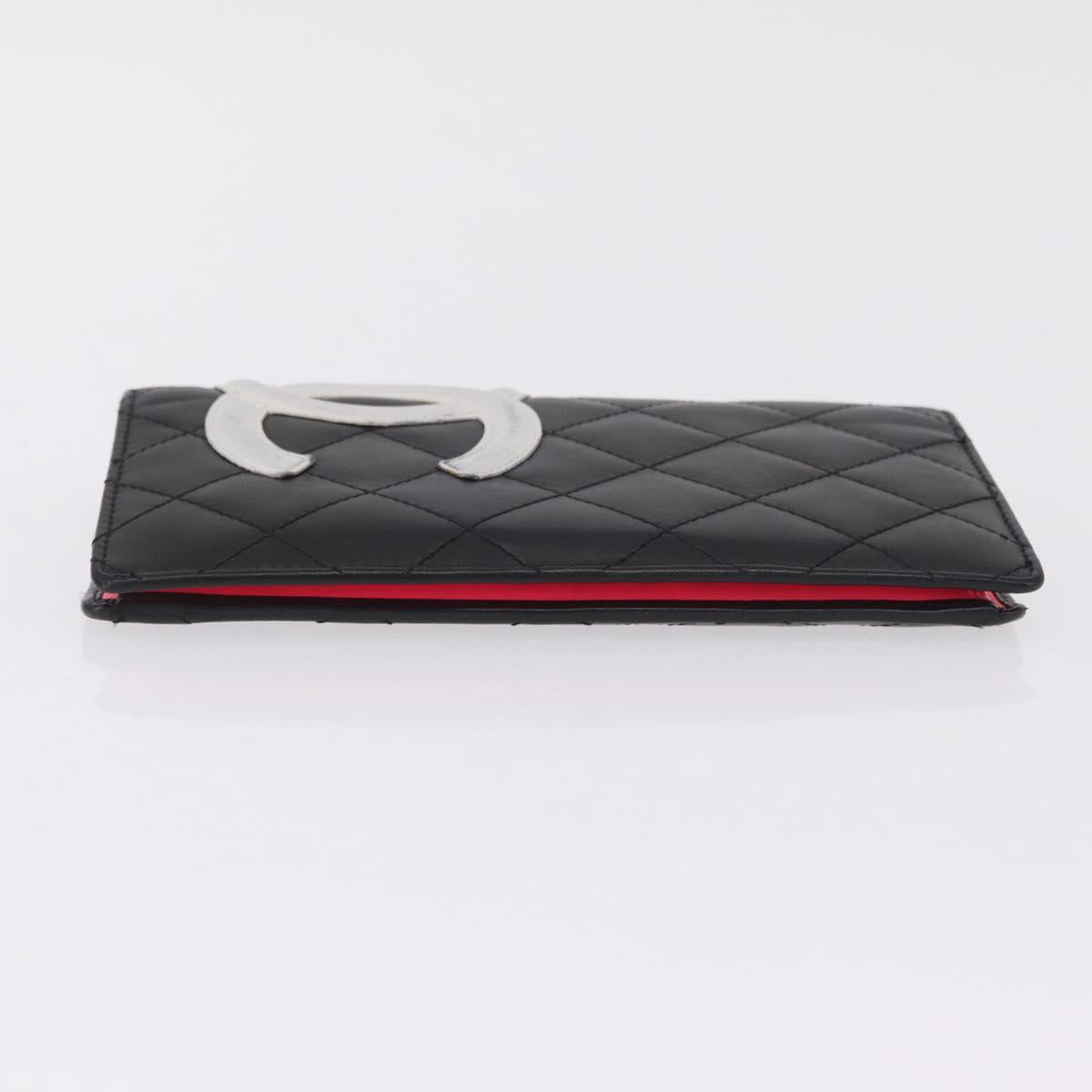 CHANEL Cambon Line Long Wallet Lamb Skin Black CC Auth fm5490