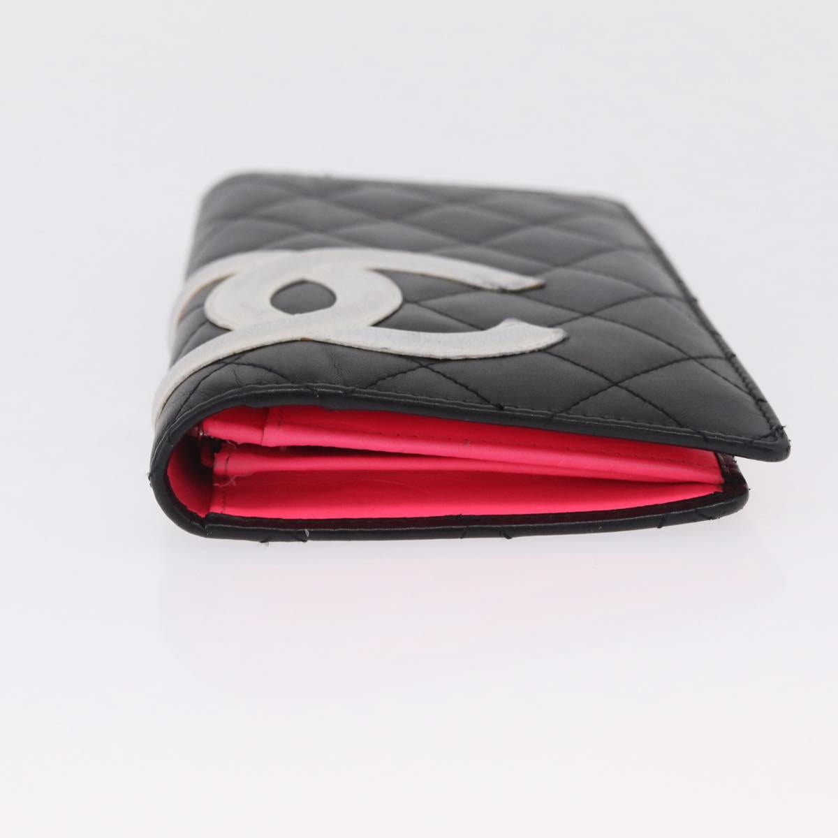 CHANEL Cambon Line Long Wallet Lamb Skin Black CC Auth fm5490