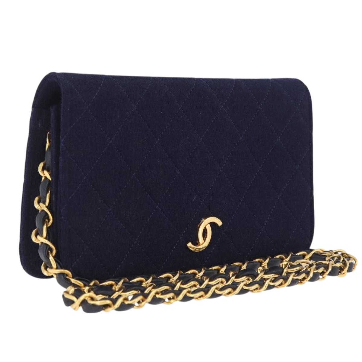 CHANEL Matelasse Chain Shoulder Bag Cotton Navy Gold CC Auth fm5491