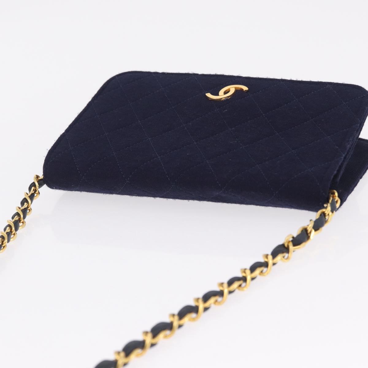 CHANEL Matelasse Chain Shoulder Bag Cotton Navy Gold CC Auth fm5491