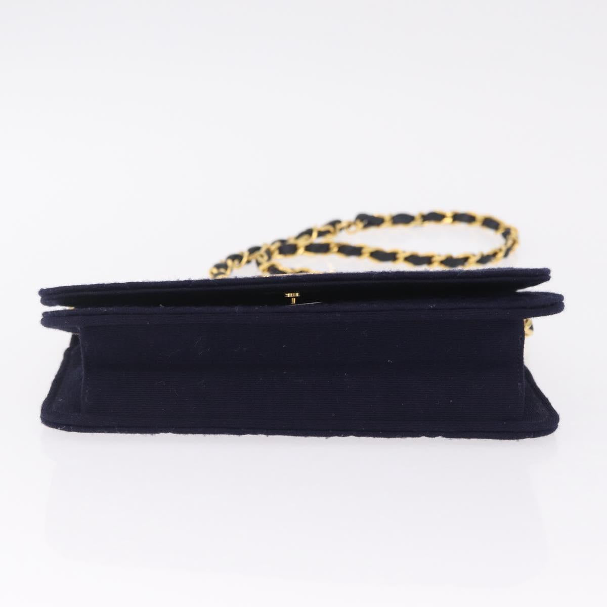 CHANEL Matelasse Chain Shoulder Bag Cotton Navy Gold CC Auth fm5491