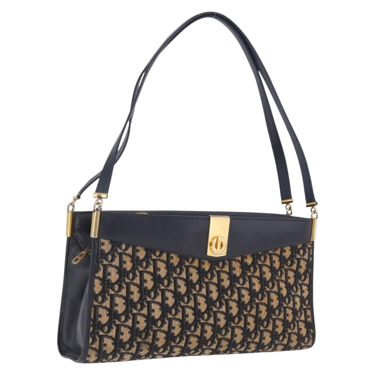 Christian Dior Trotter Canvas Shoulder Bag Navy Gold Auth fm5501