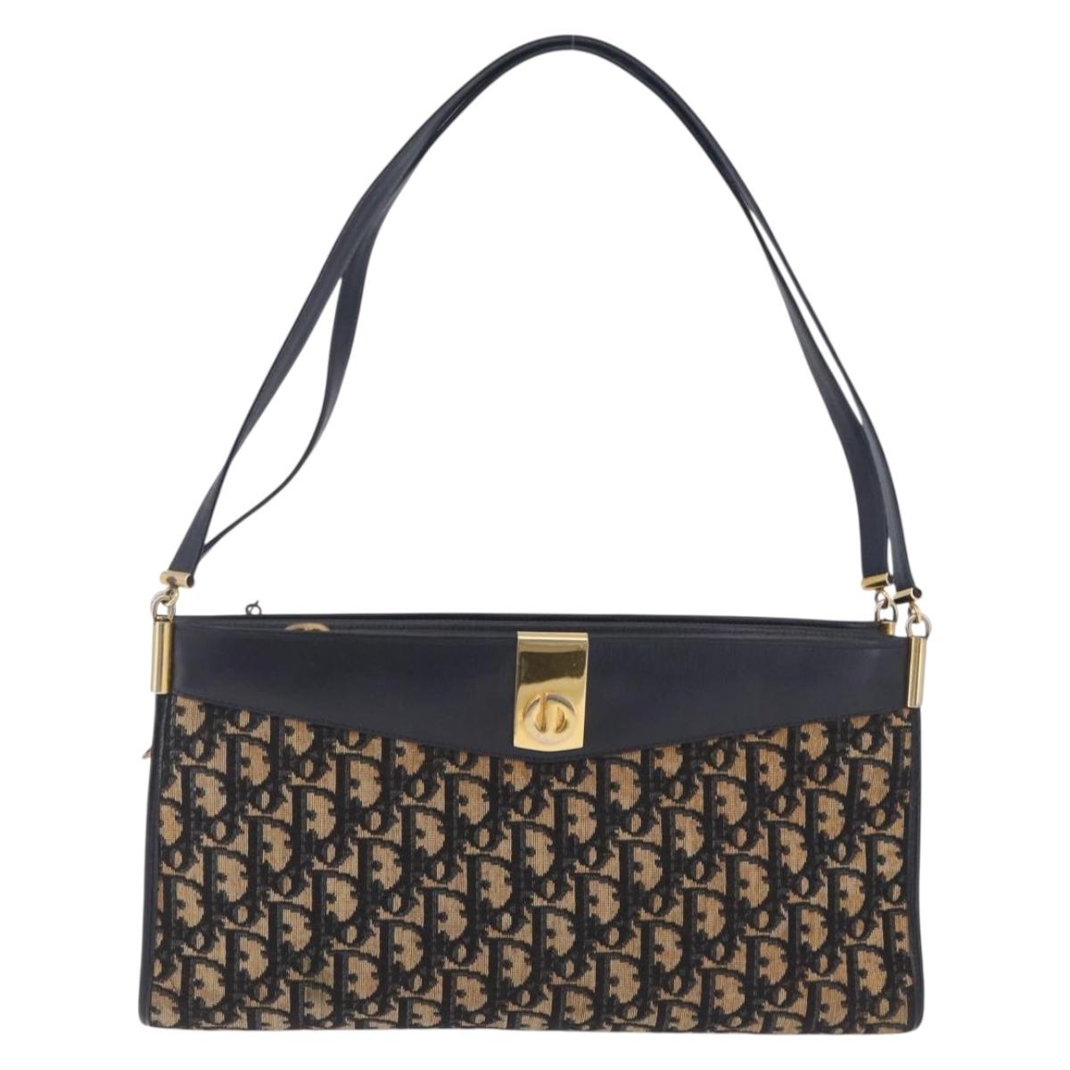 Christian Dior Trotter Canvas Shoulder Bag Navy Gold Auth fm5501
