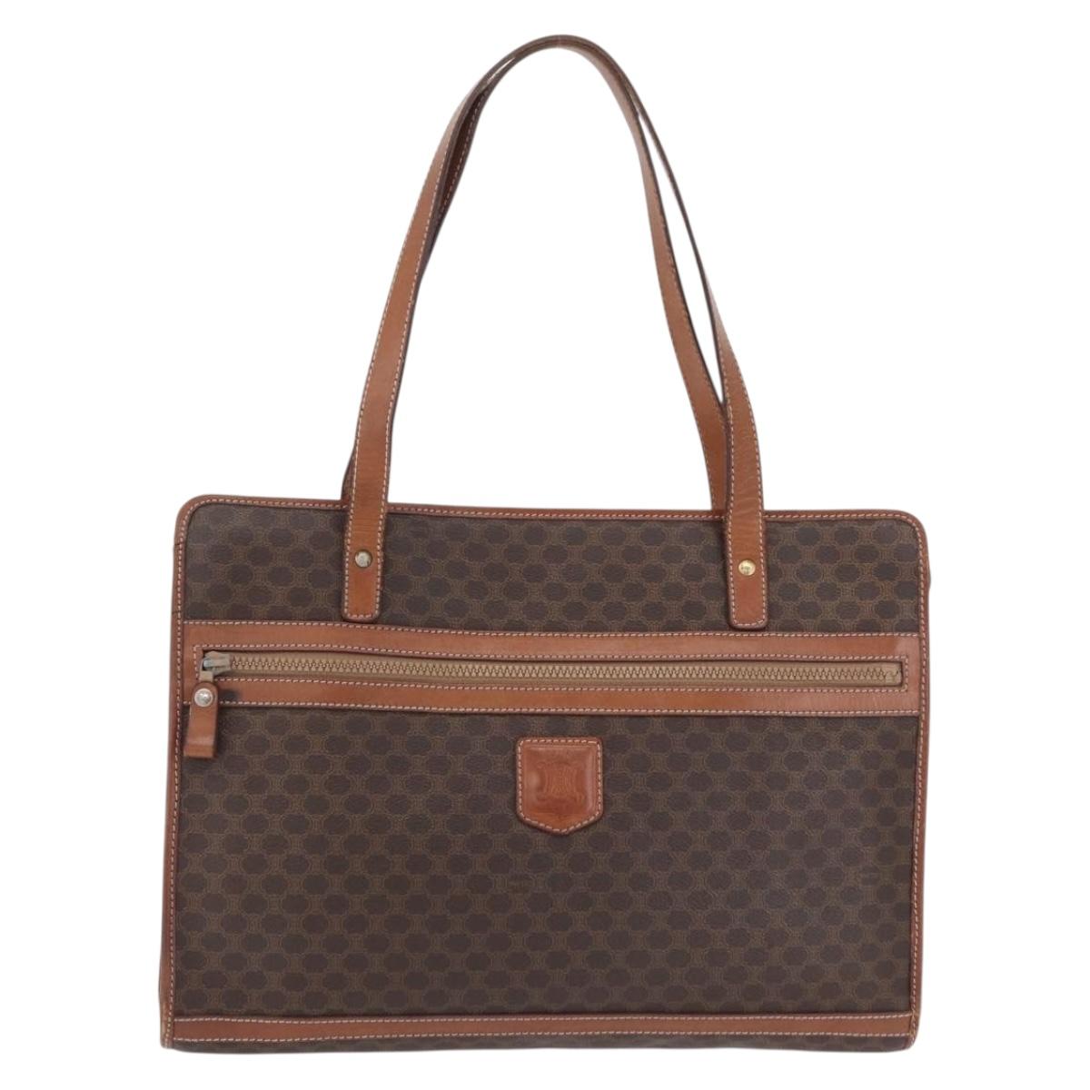 CELINE Macadam Canvas Tote Bag PVC Leather Brown Gold Auth fm5504