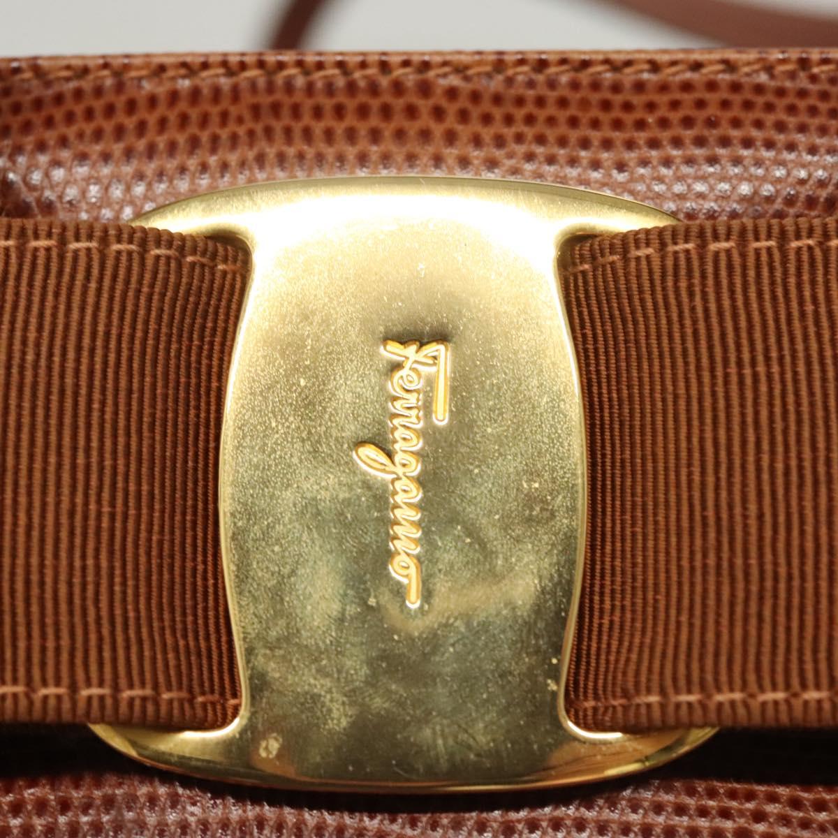 Salvatore Ferragamo Vala Hand Bag Leather Embossed 2way Brown Gold Auth gh015