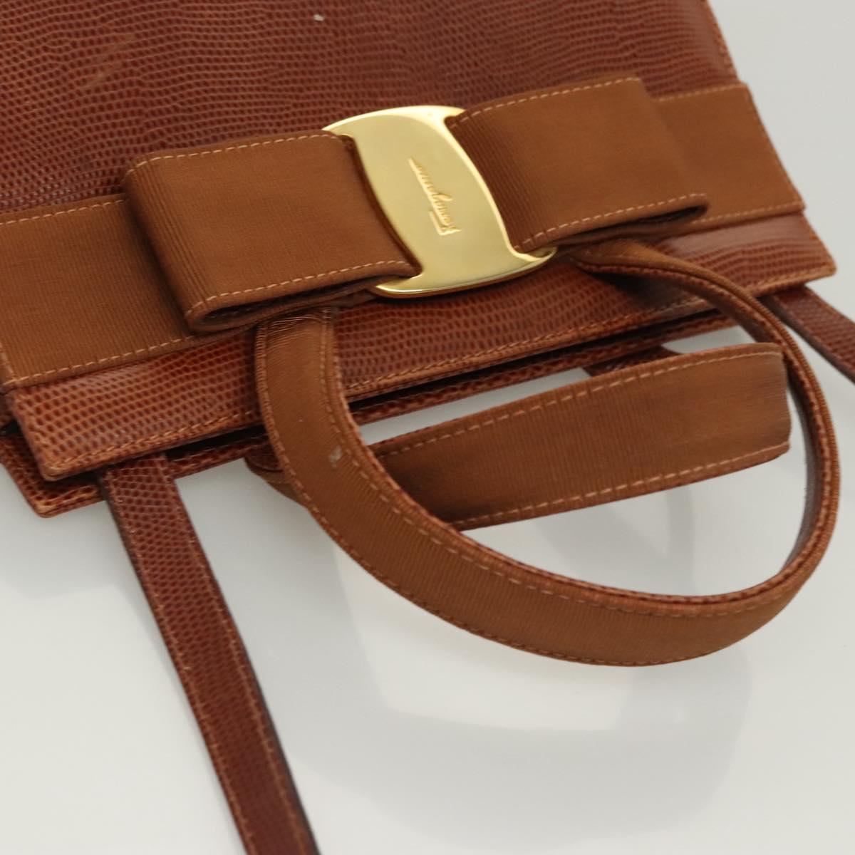 Salvatore Ferragamo Vala Hand Bag Leather Embossed 2way Brown Gold Auth gh015