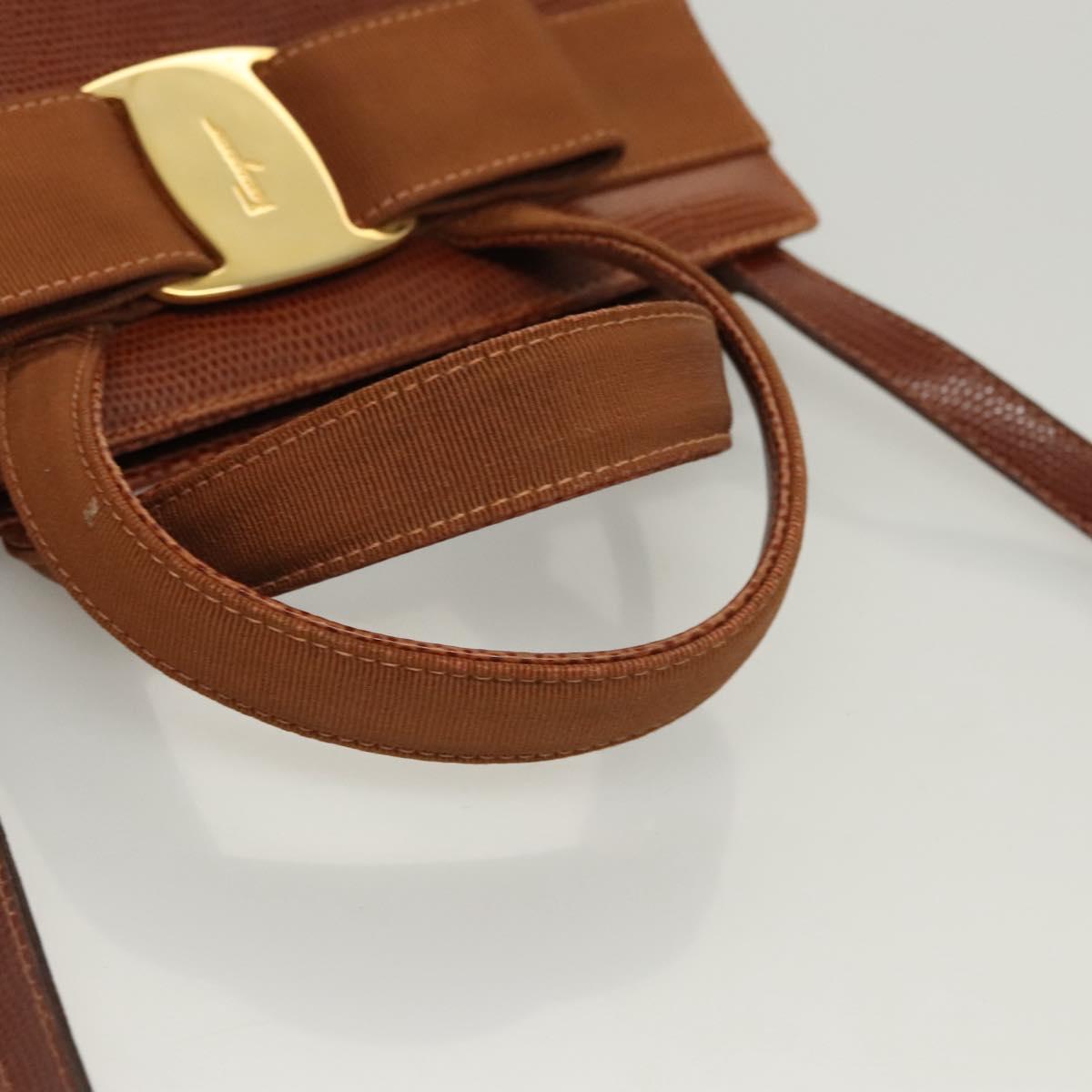 Salvatore Ferragamo Vala Hand Bag Leather Embossed 2way Brown Gold Auth gh015