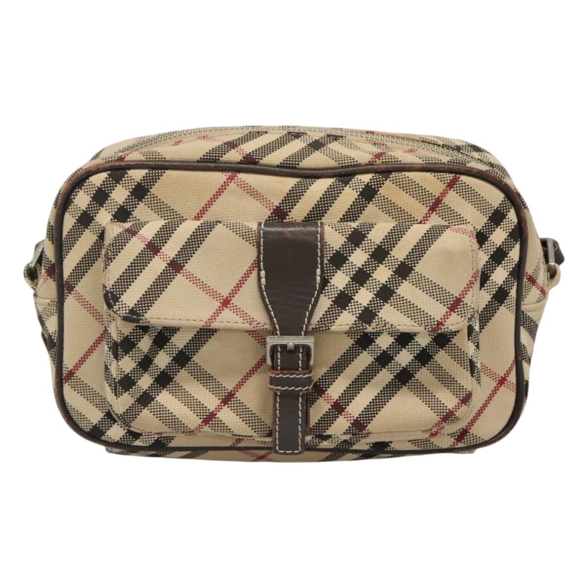 BURBERRY Nova Check Blue Label Shoulder Bag Canvas Beige Silver Auth gh030