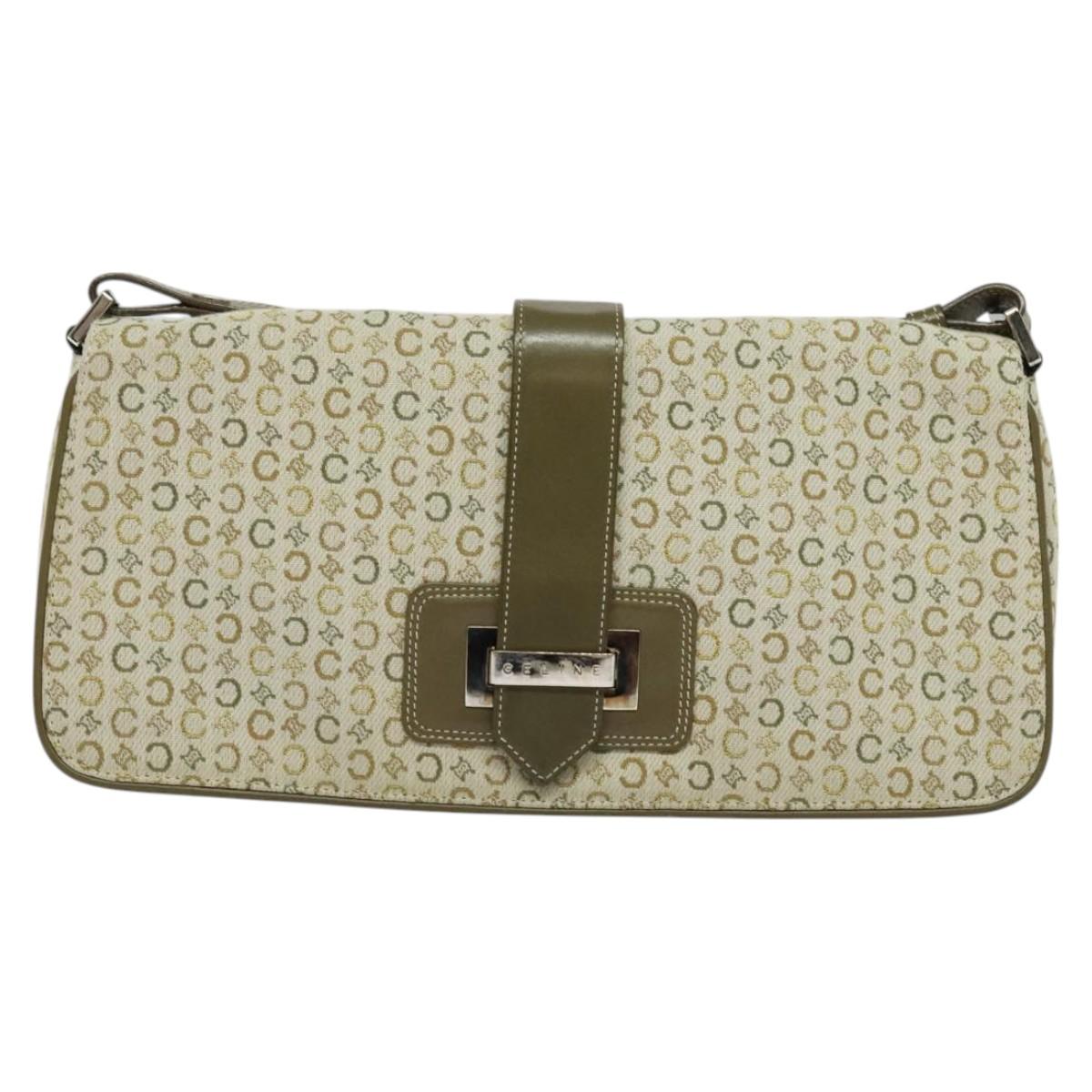 CELINE C Macadam Canvas Shoulder Bag Beige Brown Silver Auth gh040
