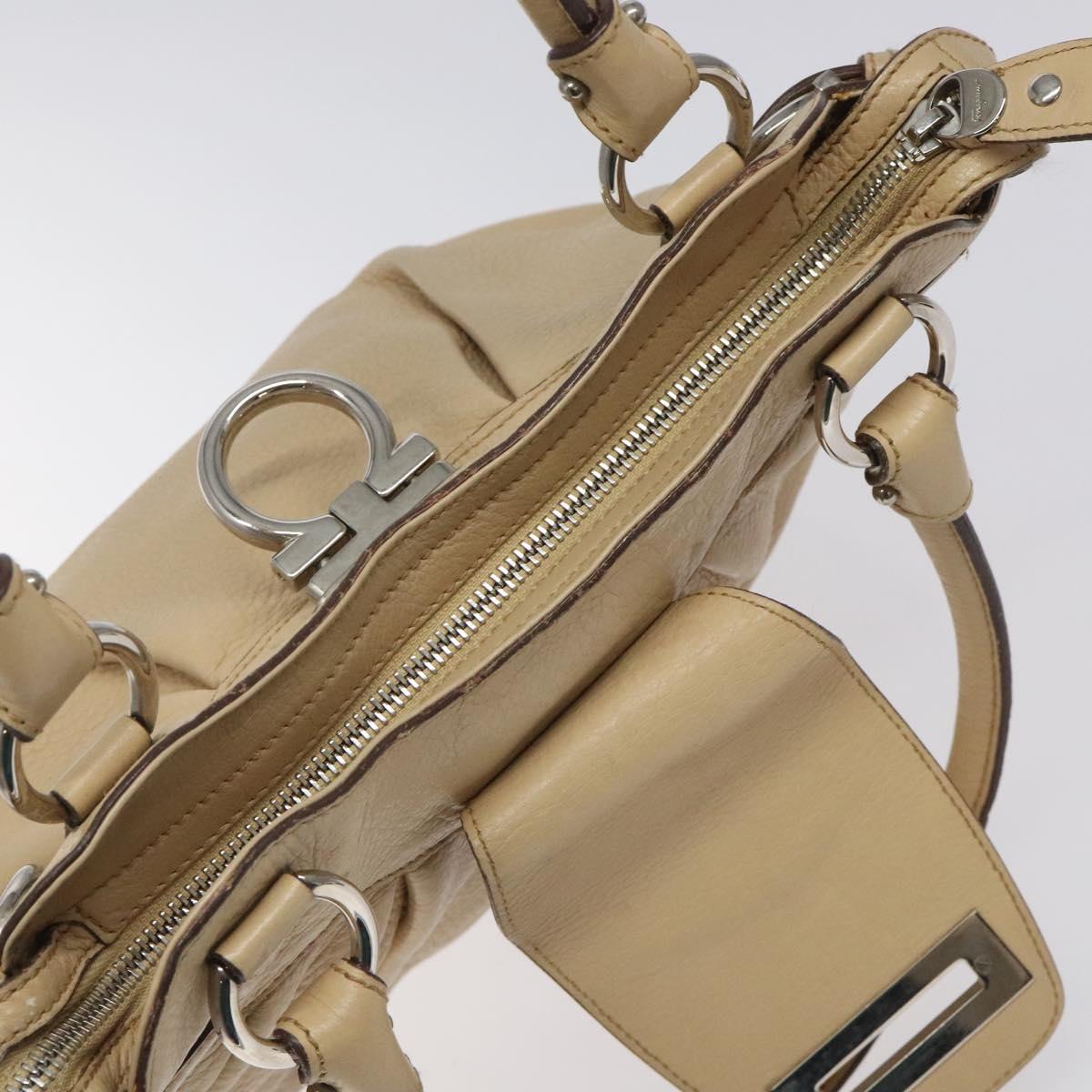 Salvatore Ferragamo Gancini Shoulder Bag Leather Beige Silver Auth gh060