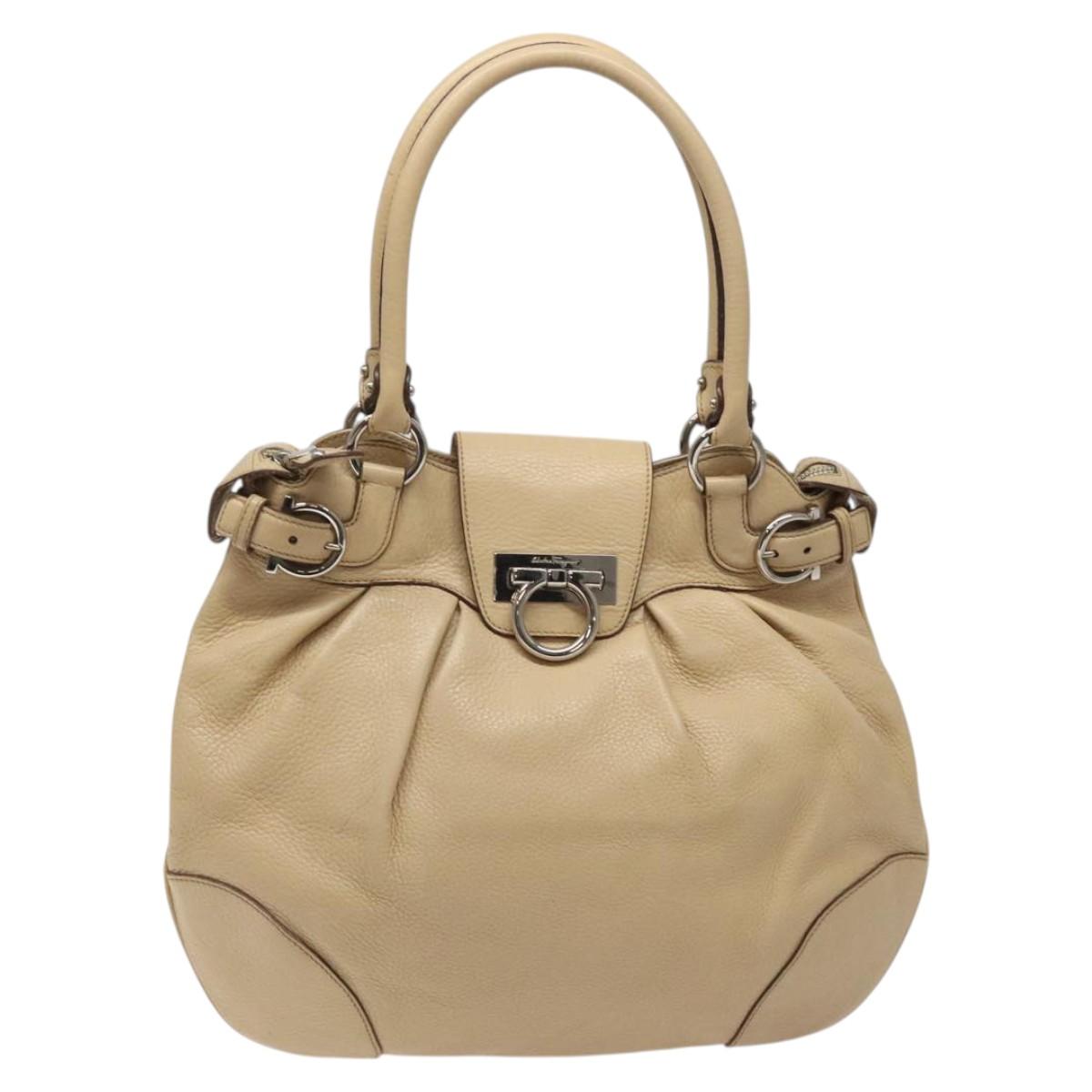 Salvatore Ferragamo Gancini Shoulder Bag Leather Beige Silver Auth gh060