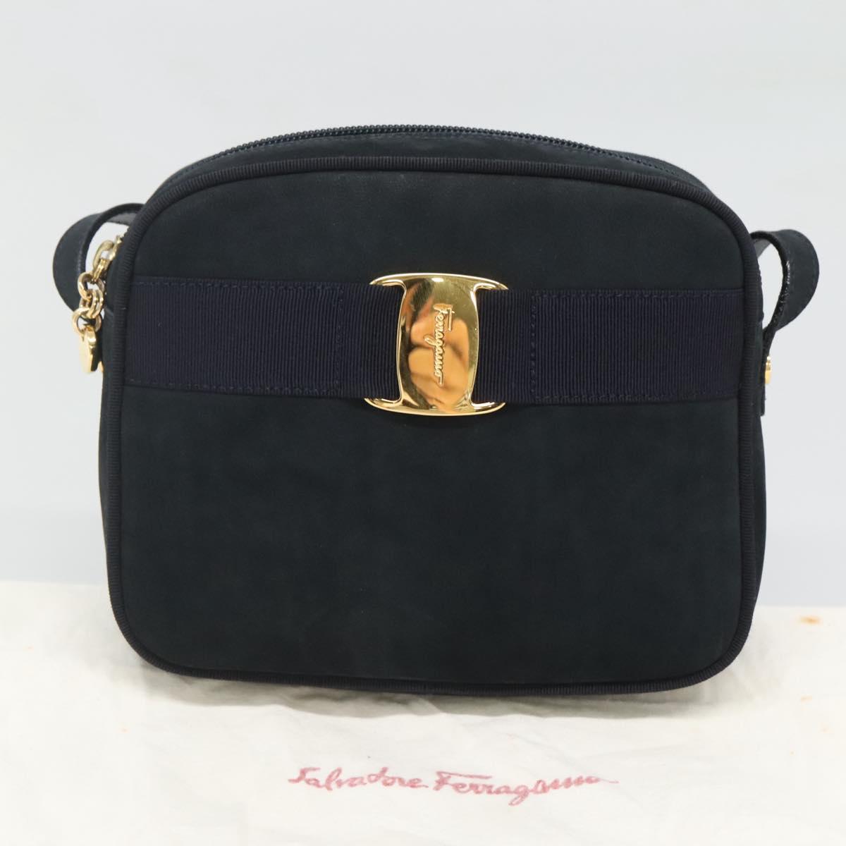 Salvatore Ferragamo Vala Shoulder Bag Suede Navy Gold Auth gh061