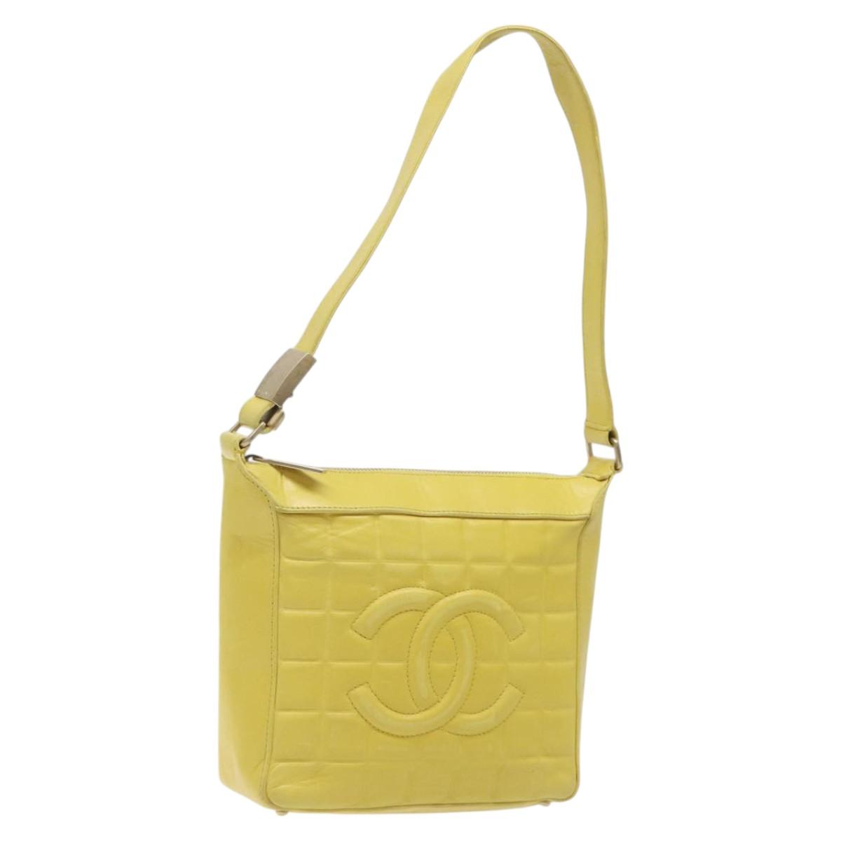 CHANEL Choco Bar COCO Mark Shoulder Bag Lamb Skin Yellow CC Auth gh066