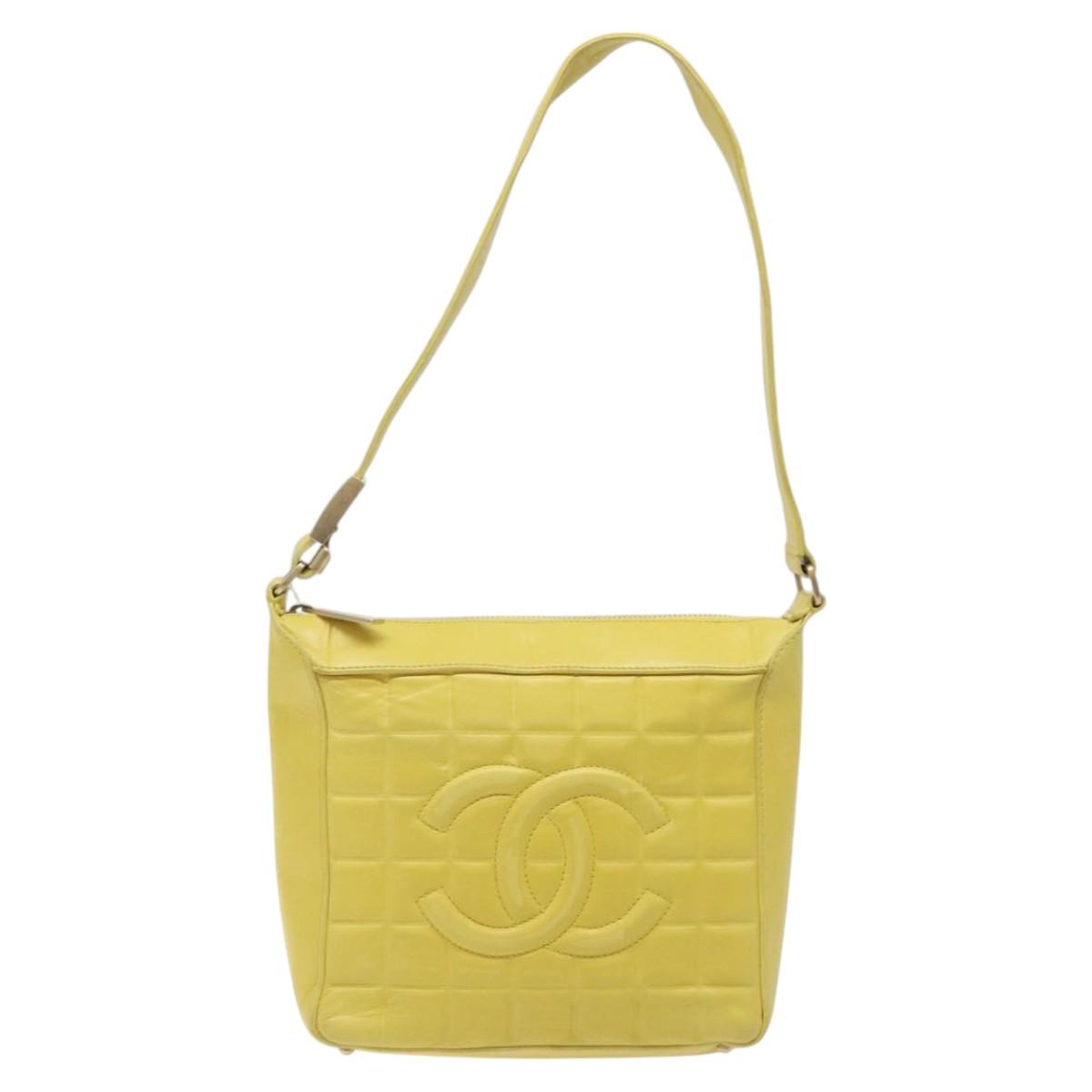 CHANEL Choco Bar COCO Mark Shoulder Bag Lamb Skin Yellow CC Auth gh066
