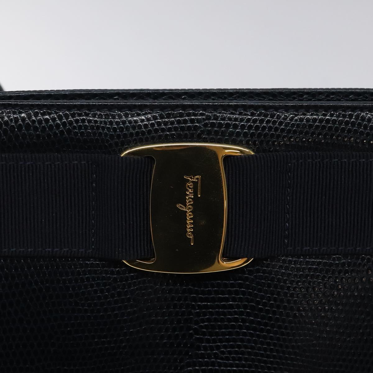 Salvatore Ferragamo Tote Bag Leather Embossed Navy Gold Auth gh069