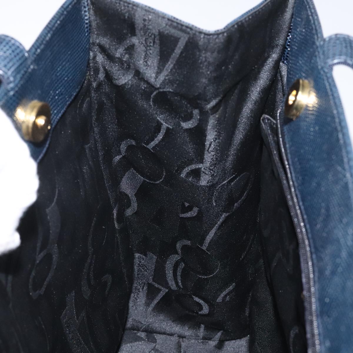 Salvatore Ferragamo Tote Bag Leather Embossed Navy Gold Auth gh069