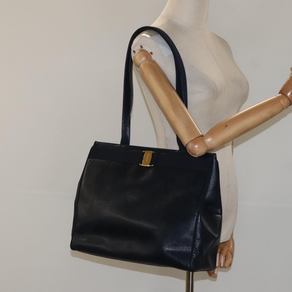 Salvatore Ferragamo Tote Bag Leather Embossed Navy Gold Auth gh069