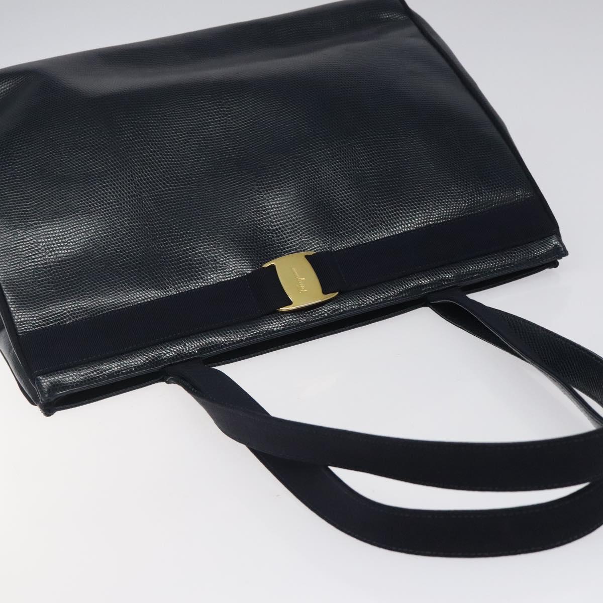 Salvatore Ferragamo Tote Bag Leather Embossed Navy Gold Auth gh069