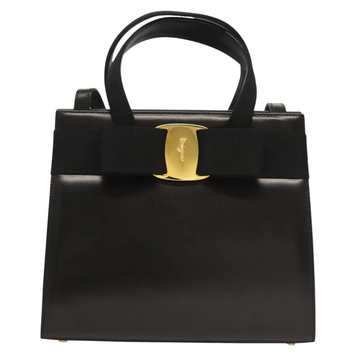 Salvatore Ferragamo Vala Hand Bag Leather 2way Black Gold Auth gh079