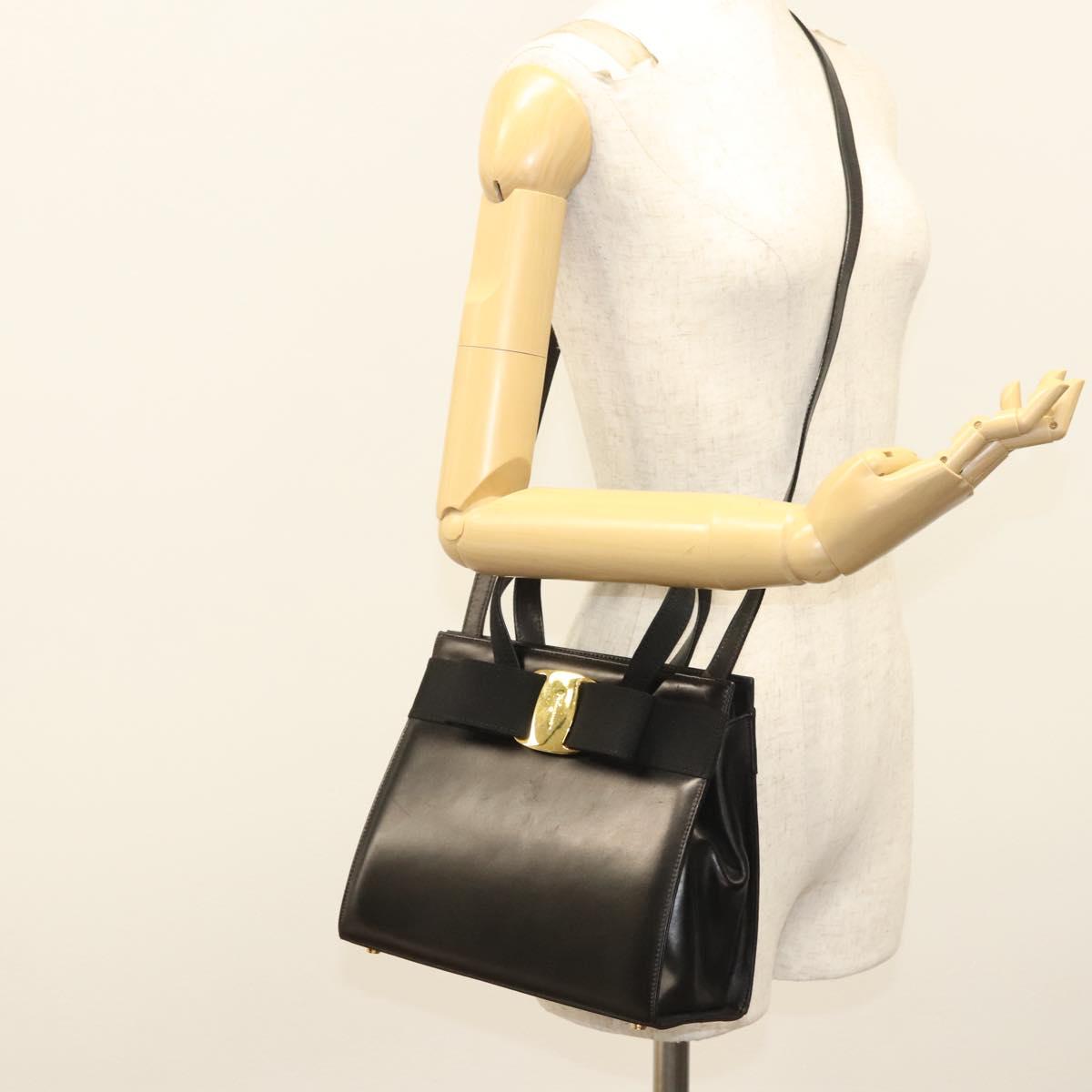 Salvatore Ferragamo Vala Hand Bag Leather 2way Black Gold Auth gh079