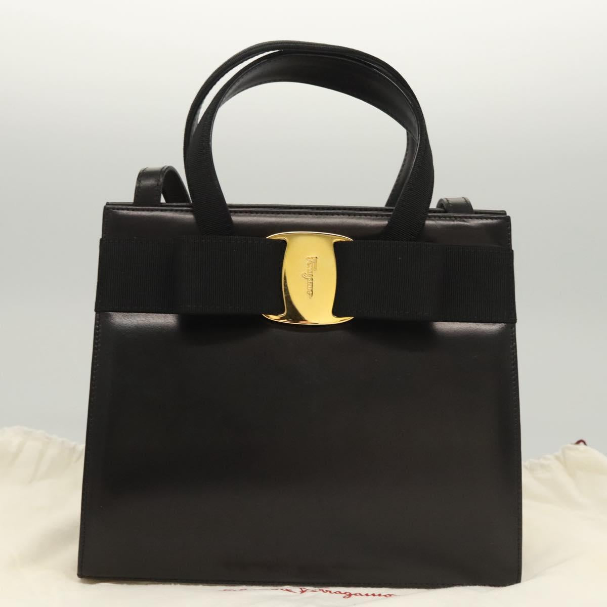 Salvatore Ferragamo Vala Hand Bag Leather 2way Black Gold Auth gh079
