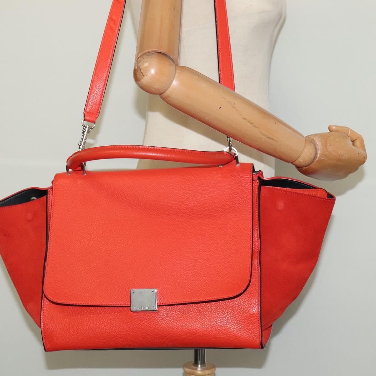 CELINE Trapeze Medium Hand Bag Suede Leather 2way Red Silver Auth gh084