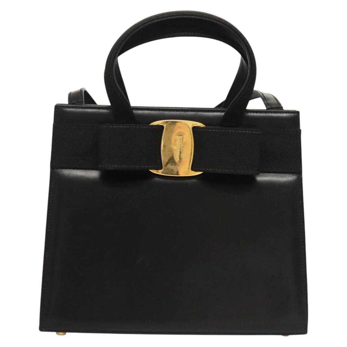 Salvatore Ferragamo Vala Hand Bag Leather 2way Black Gold Auth gh088