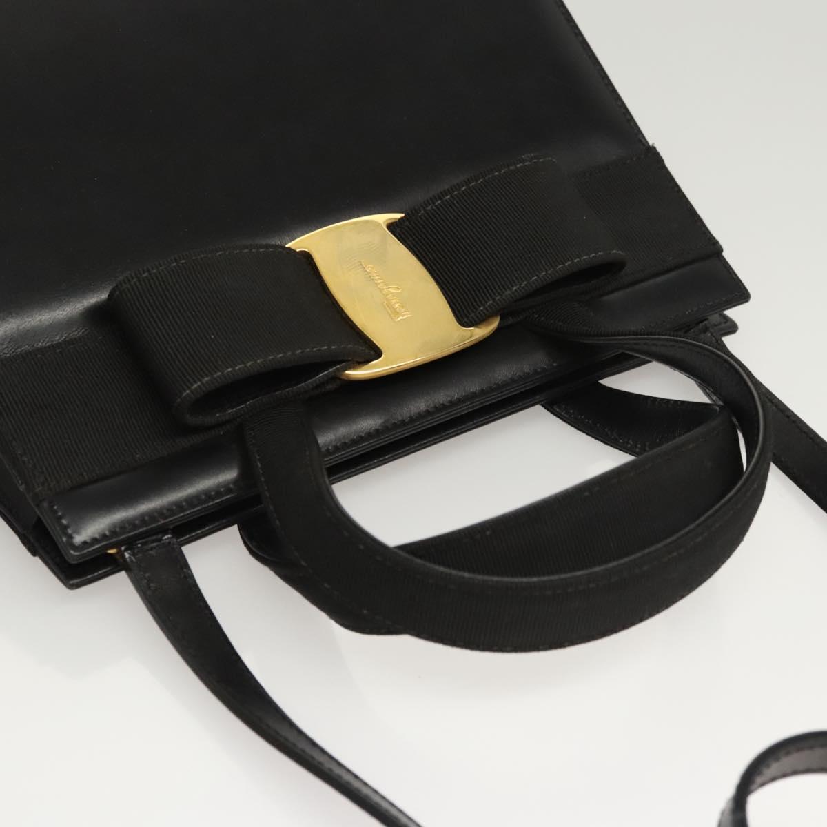 Salvatore Ferragamo Vala Hand Bag Leather 2way Black Gold Auth gh088