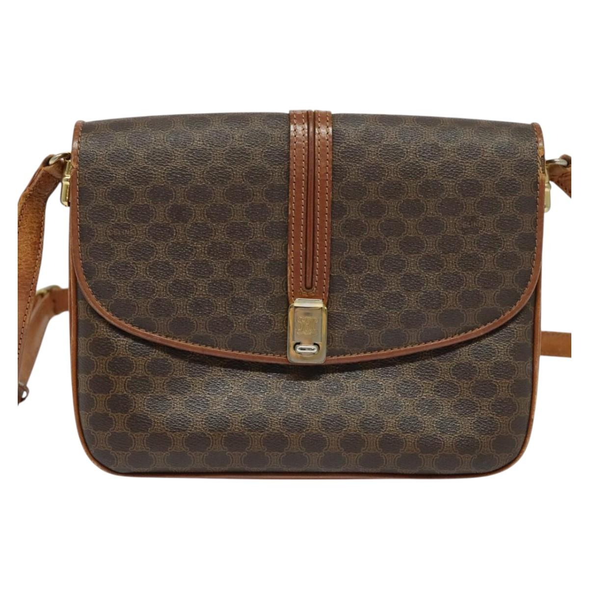 CELINE Macadam Canvas Shoulder Bag PVC Leather Brown Gold Auth gh093