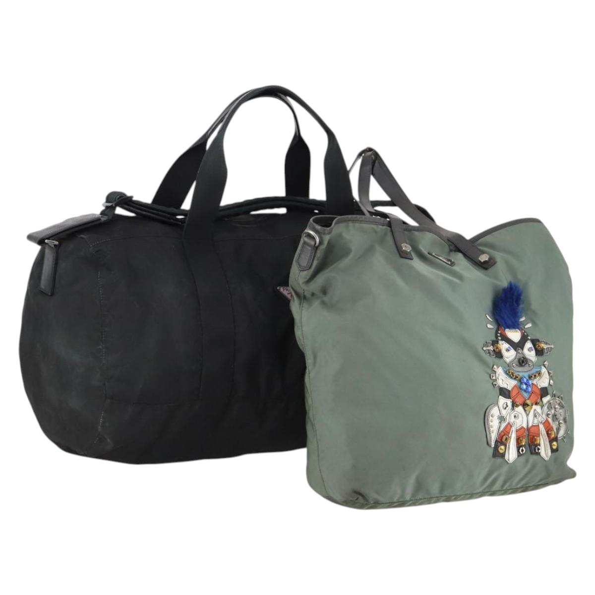 PRADA Shoulder Bag Nylon Leather 2Set Khaki Black Auth gh1001