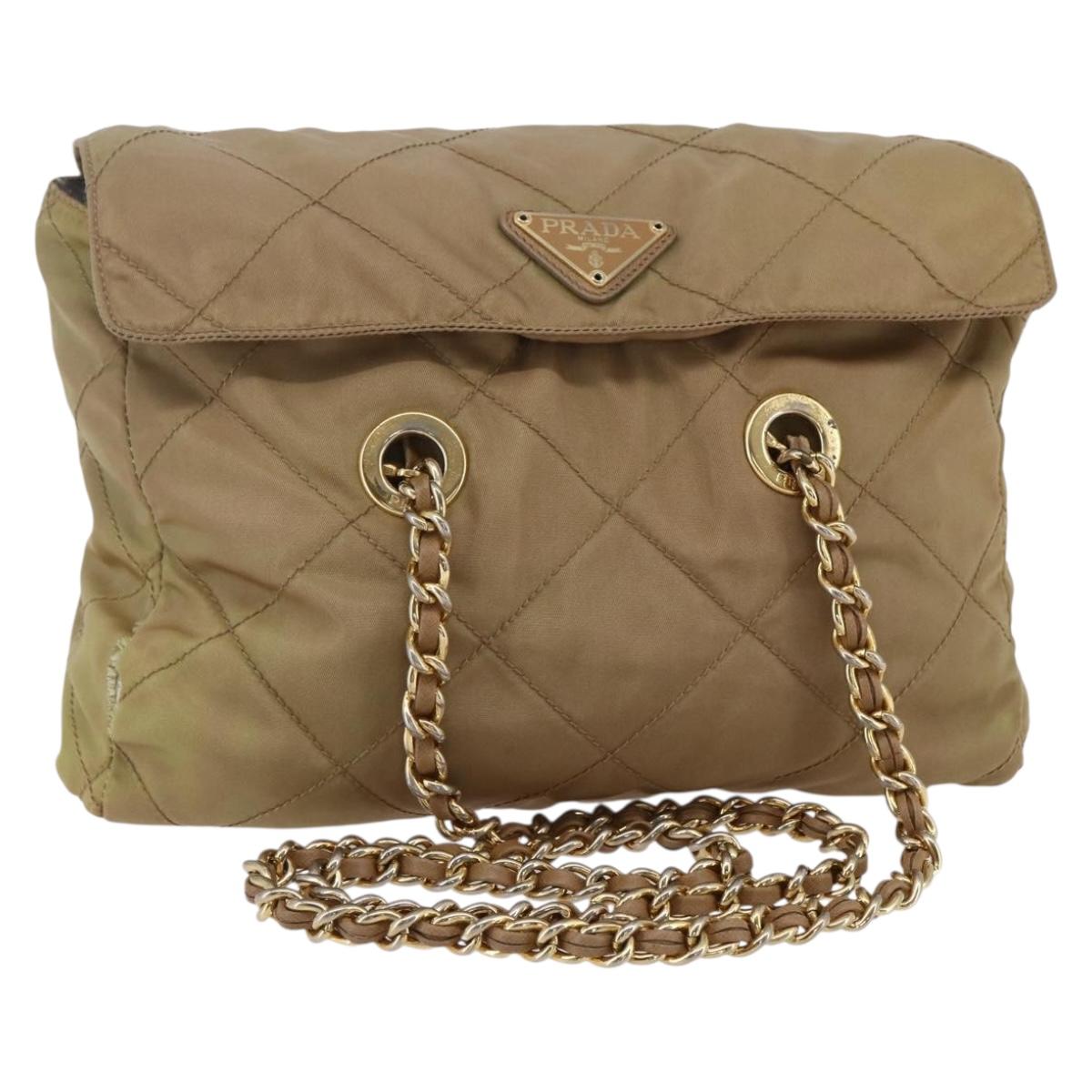 PRADA Chain Shoulder Bag Nylon Beige Gold Auth gh1068