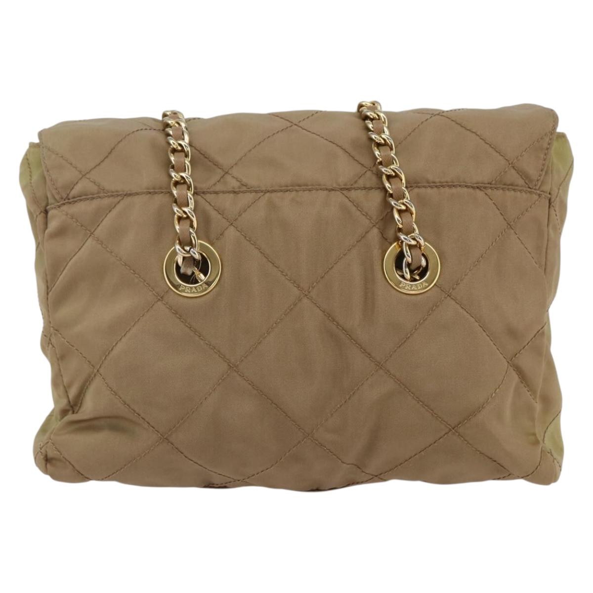 PRADA Chain Shoulder Bag Nylon Beige Gold Auth gh1068