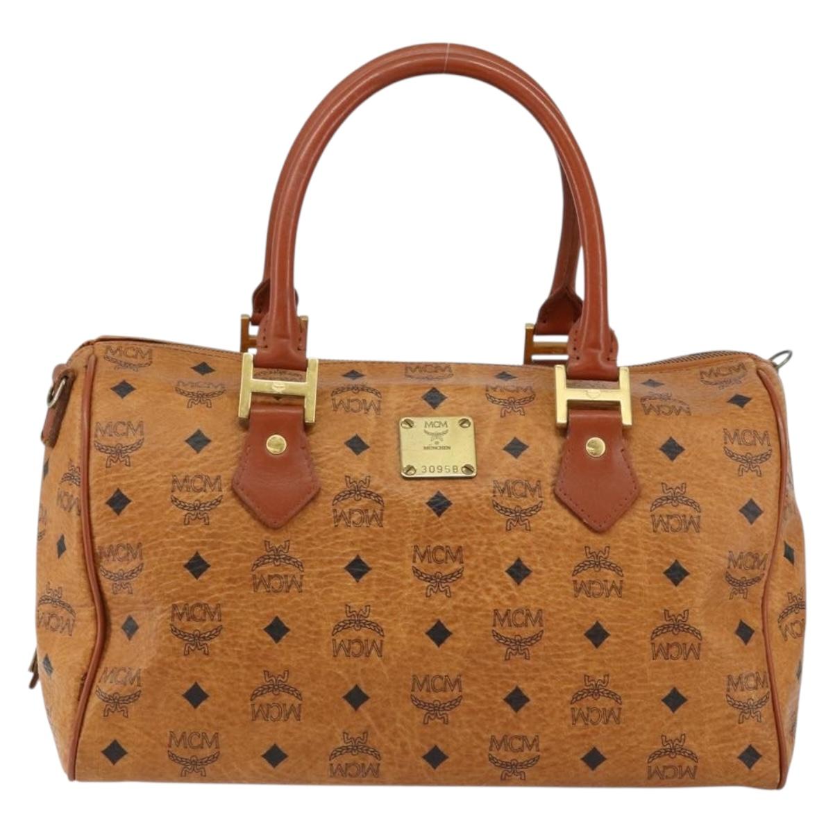MCM Logogram Vicetos Boston Bag PVC Leather Brown Gold Auth gh1074