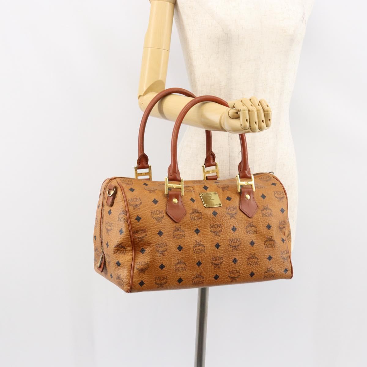 MCM Logogram Vicetos Boston Bag PVC Leather Brown Gold Auth gh1074