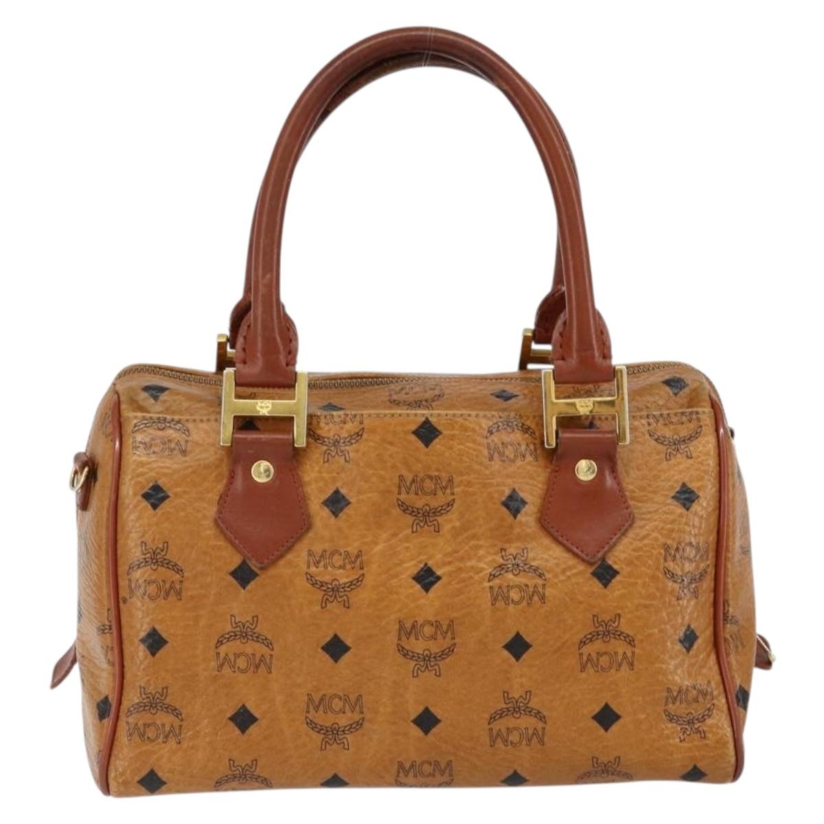 MCM Logogram Vicetos Boston Bag PVC Leather Brown Gold Auth gh1076