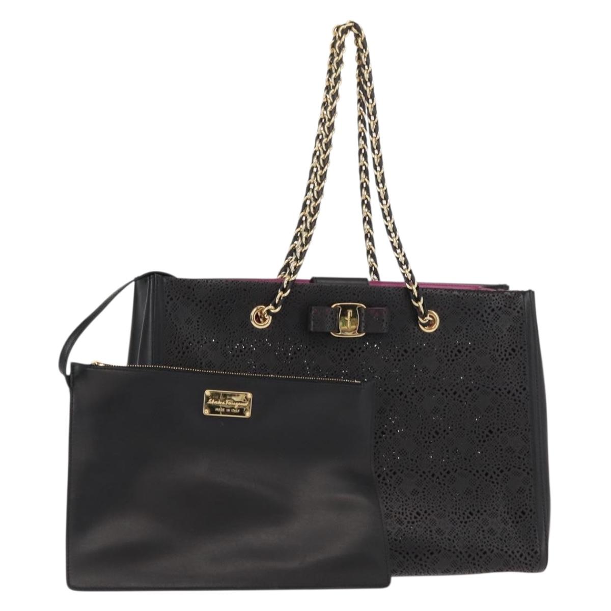 Salvatore Ferragamo Vala Chain Tote Bag Leather Black Gold Auth gh1102
