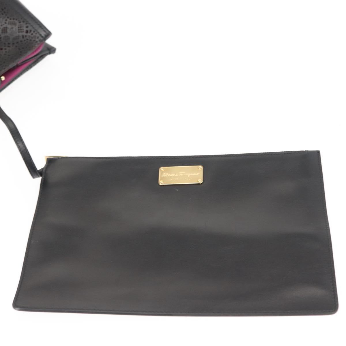 Salvatore Ferragamo Vala Chain Tote Bag Leather Black Gold Auth gh1102