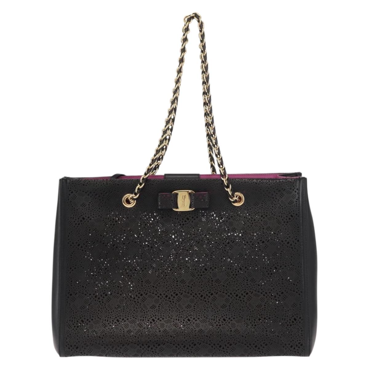 Salvatore Ferragamo Vala Chain Tote Bag Leather Black Gold Auth gh1102