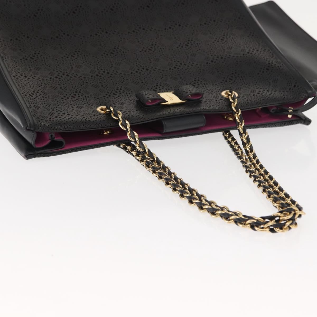Salvatore Ferragamo Vala Chain Tote Bag Leather Black Gold Auth gh1102