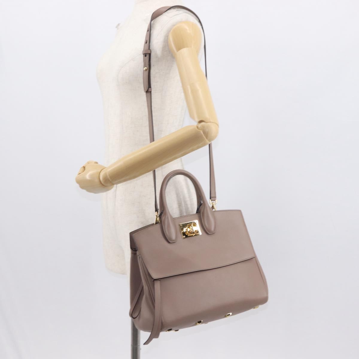 Salvatore Ferragamo Gancini Hand Bag Leather 2way Beige Gold Auth gh1103