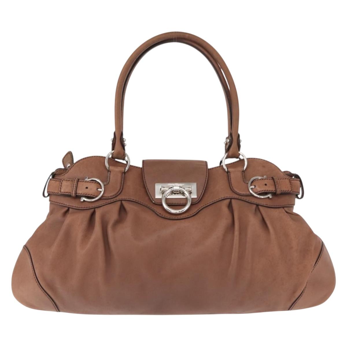 Salvatore Ferragamo Gancini Tote Bag Suede Beige Silver Auth gh1105