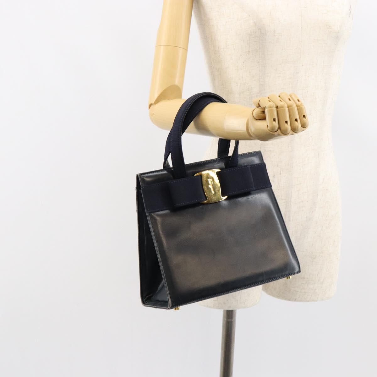 Salvatore Ferragamo Vala Hand Bag Leather Navy Gold Auth gh1106