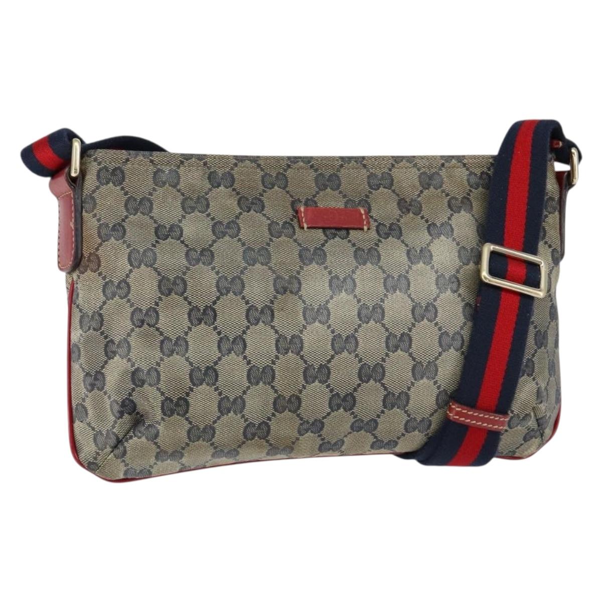 GUCCI GG Canvas Sherry Line Shoulder Bag Navy Gold 189749 Auth gh1116