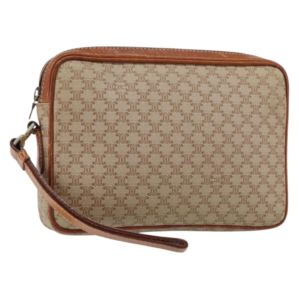 CELINE Macadam Canvas Clutch Bag PVC Beige Gold Auth gh1151