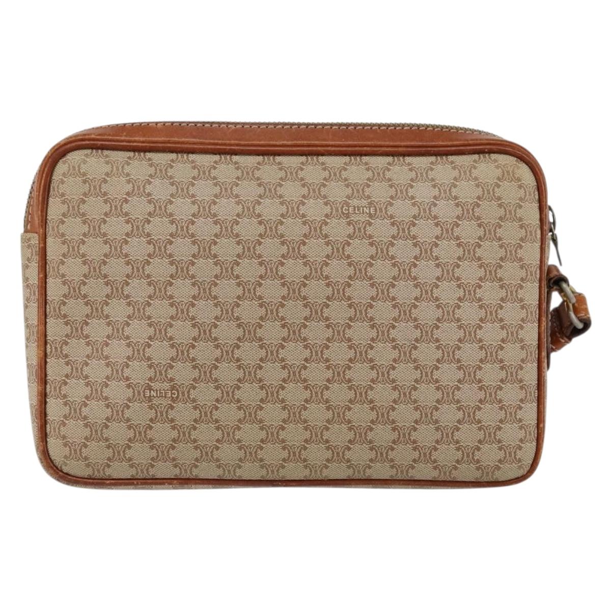 CELINE Macadam Canvas Clutch Bag PVC Beige Gold Auth gh1151